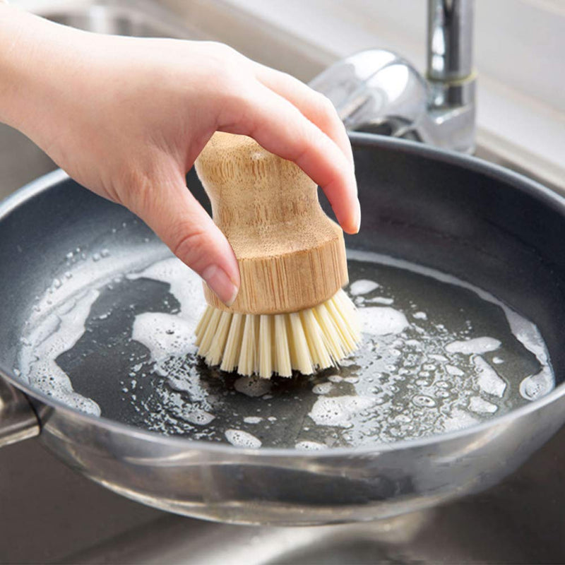 5 Pack Natural Bamboo Cleaning Brush Set, Pot Dish Scrub Brush with Handle and Flannel Bag Kitchen Brushes for Cast Iron Pots, Pans, Vegetable and Kitchen Cleaning Type 2