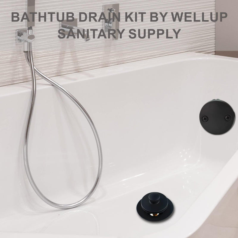 Black Bathtub Tub Drain Conversion Kit Assembly, Wellup Lift and Turn Twist Tub Drain Trim Kit with Two-Hole Overflow Faceplate, Matte Black 2 Holes