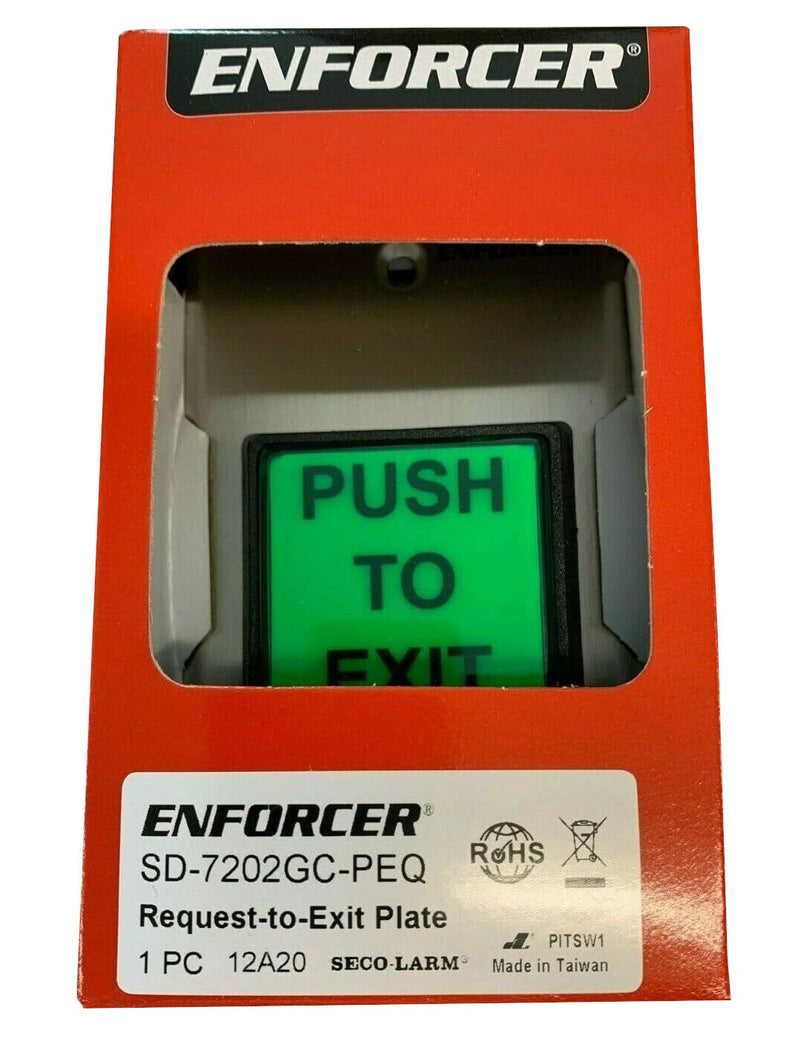 Seco-Larm SD-7202GC-PEQ ENFORCER LED Illuminated RTE Single-gang Wall Plate with Large Green Button, Large Illuminated Push Button with Caption "PUSH TO EXIT", Pushbutton Rated 10A at 125 to 250VAC Pack of 1