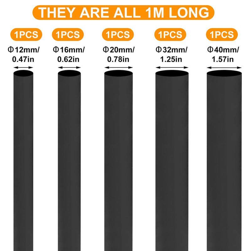 Tube Tube with Adhesive, 4:1 Diameter 12/16/20/32/40 mm, Waterproof Heat Shrink Tube with Adhesive, Insulating Cable Tube, Waterproof Heat Shrink Tube, Black