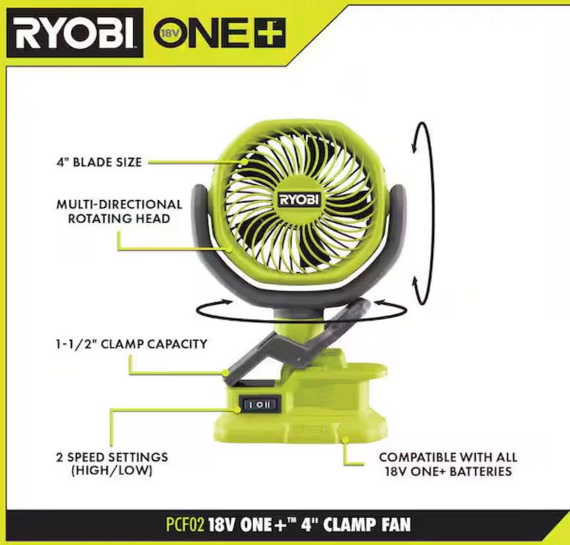 Birsppy RYOBI 18V ONE+ Cordless 4 in Clamp Fan (Tool Only) | PCF02B - Battery and Charger Sold Separately