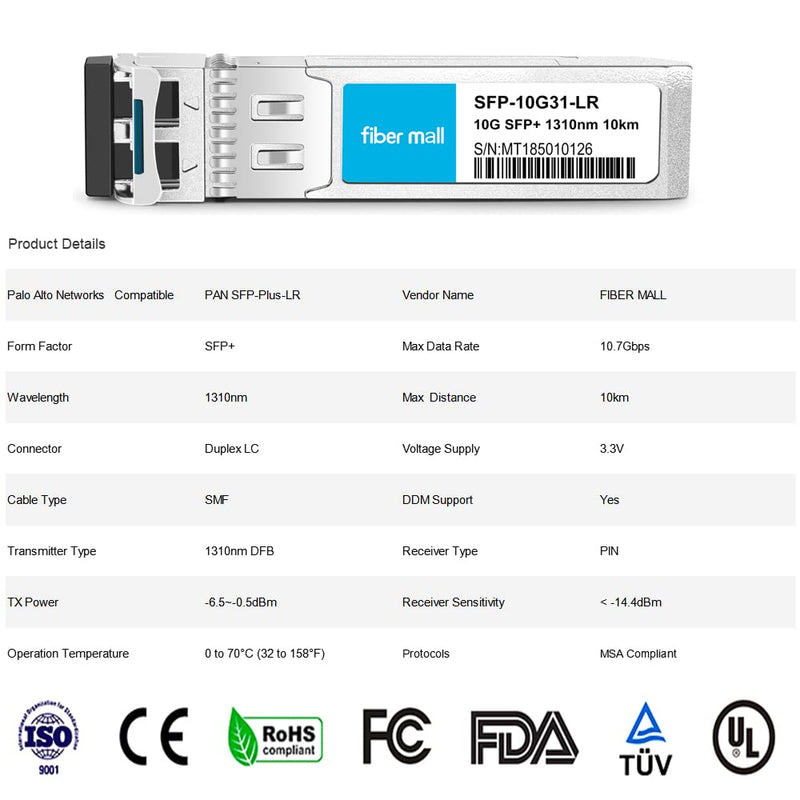 fiber mall SFP 10G LR for Palo Alto Networks PAN SFP-Plus-LR 10GBASE-LR SFP+ 1310nm 10km DOM Transceiver Module 10GBASE-LR：10km