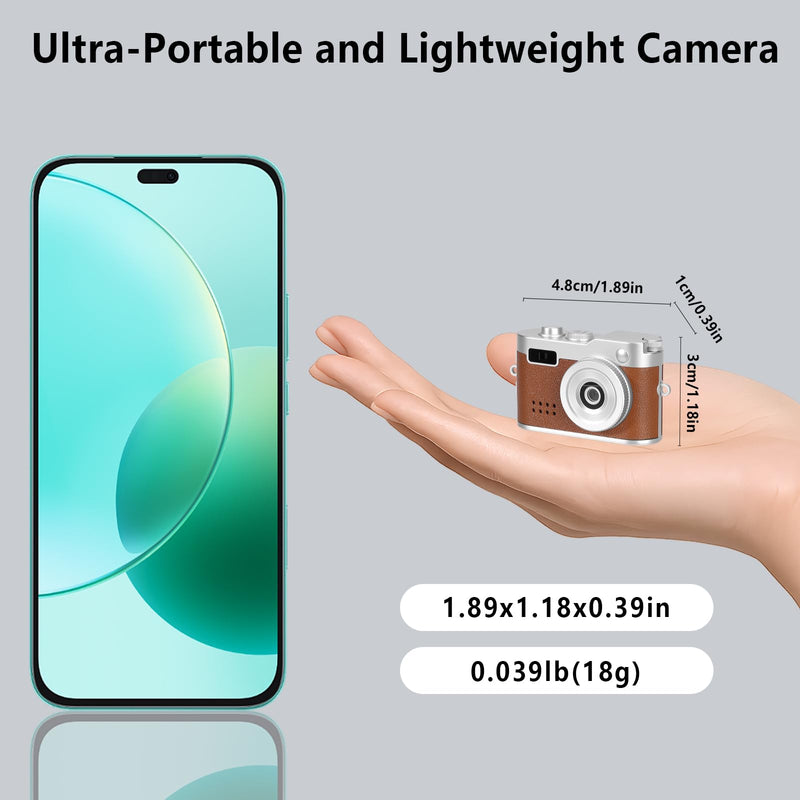 Mini Keychain Camera, FHD 1080p 8MP Mini Digital Camera with 32GB SD Card, 0.96" HD Display, 100 Mins Battery Life Small Camera for Travel Study Recording (Brown, 16GB) Brown