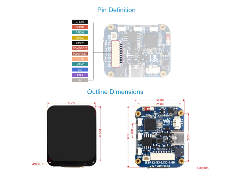 waveshare ESP32-S3 1.69inch LCD Display Development Board,240×280 Pixels 262K Color Micro LCD Display with ESP32-S3,Accelerometer and Gyroscope Sensor