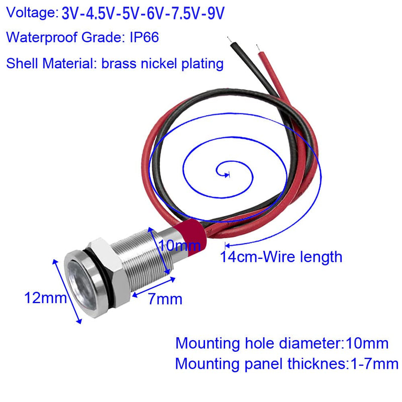 Gebildet Pack of 5 10mm 3V-4.5V-5V-6V-7.5V-9V LED Metal Indicator Light Waterproof Signal Lamp Pilot Dash with Wire (White) White (10mm)