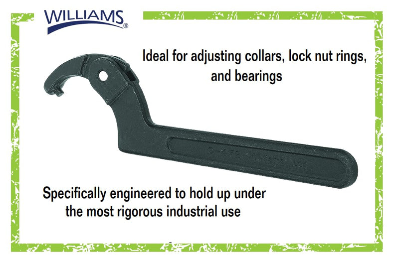 Williams JHW474 Adjustable Hook Spanner Wrench with Span Diameter of 2 to 4-3/4-Inch, Ideal for Adjusting Collars, Lock Nut Rings, and Bearings Span Diameter: 2 to 4 3/4 Inch