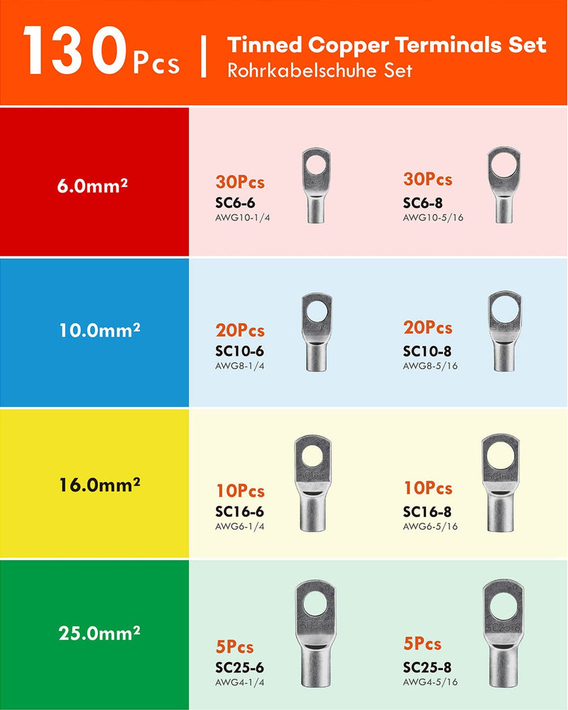 Gorffy cable lugs tubular cable lugs set 130 pieces, cable lugs set 25mm² 16mm² 10mm² 6mm², cable lug assortment for vehicle battery cables, ring cable lugs set M6 M8