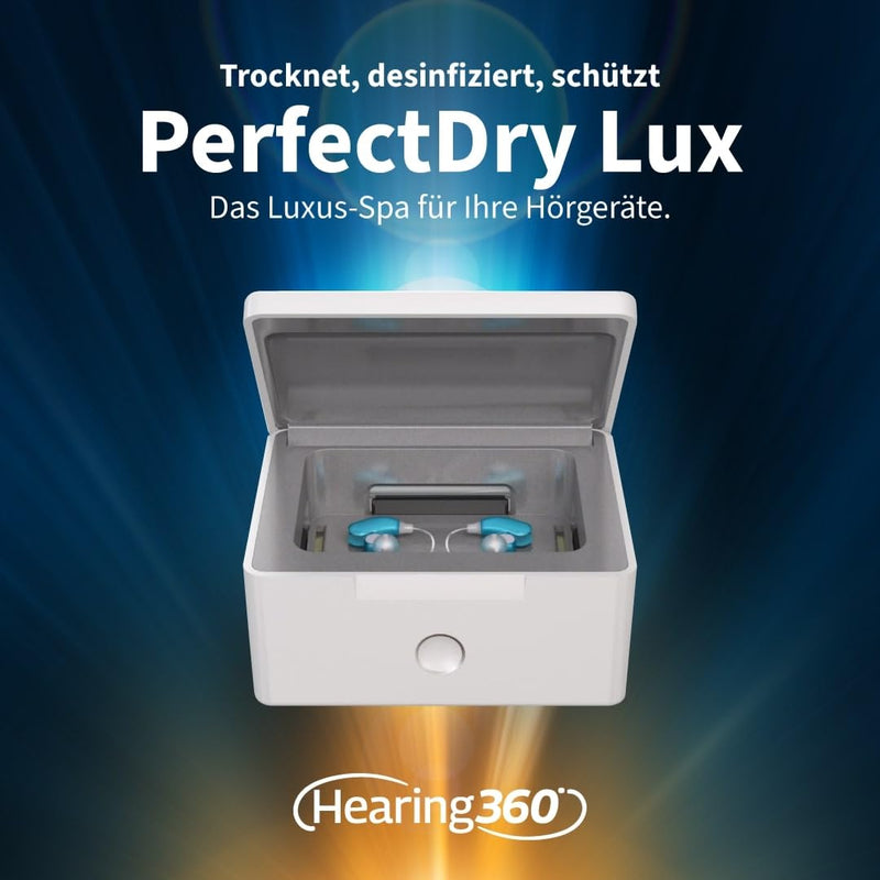 Hearing360 Perfect Dry LUX UV Cleaning Station, Dehumidification and Drying for Hearing Aids without Internal Batteries, Pulsating Hot Air System with LED Automatic Indicator Light 1 PerfectDry Lux