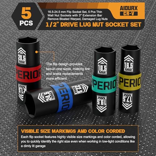 1/2" Drive Lug Nut Socket Set, 16.5-24.5 mm Flip Socket Set, 5 Pcs Thin Wall Nut Sockets with 3" Extension Bar, Remove Bloated Warped, Damaged Lug Nuts 5PCS：16.5MM-24.5MM