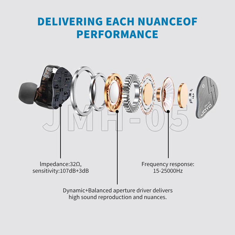JOYO in Ear Monitor Headphones Wired IEM Earphones Noise Canceling High Resolution with Hybrid Drivers and Two Detachable Cables for Audio Recording Gaming Musicians (JMH-05)