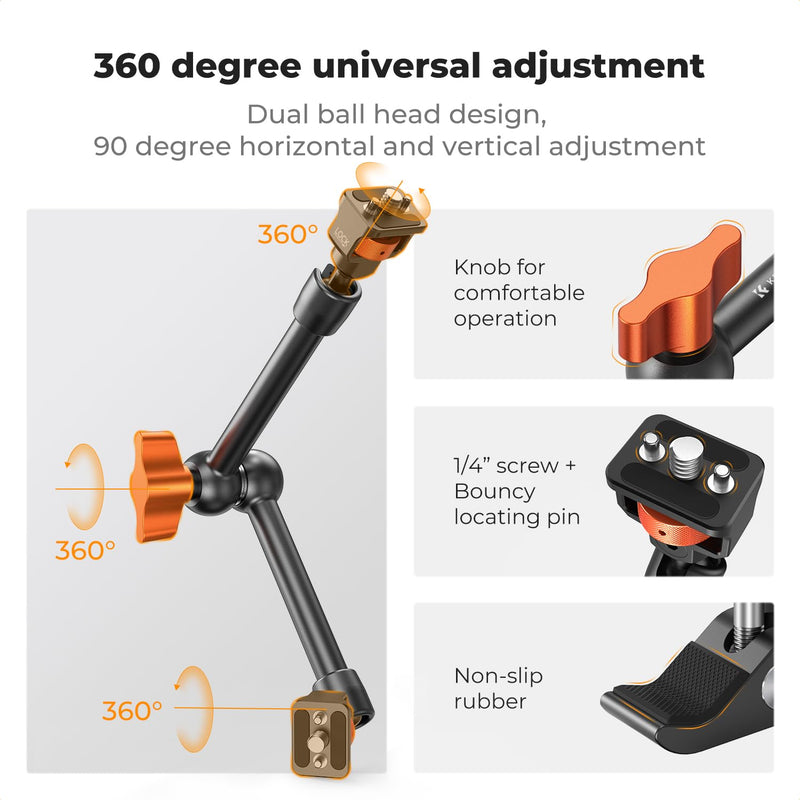 K&F Concept 11" Magic Arm Clamp Kit with 1/4" & 3/8" Thread Screw, Articulating Friction Arm Clamp Camera Mount for Monitor, LED Light, Webcam, Action Camera 11" with Clamp