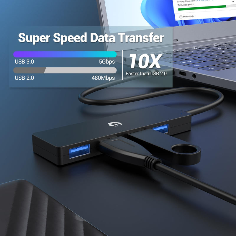 USB Hub, 4-Port USB 3.0 Hub, USB Expander for Laptop, Xbox, Flash Drive, Hard Drive, Gaming Device, Printer, Camera, Keyboard, Mouse, and More