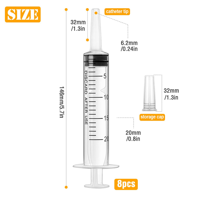 Pack of 8 20ml syringe with lid, plastic syringe sterile packaging with measurement for scientific laboratories, dispensing, measuring liquids, animal feeding, plant watering