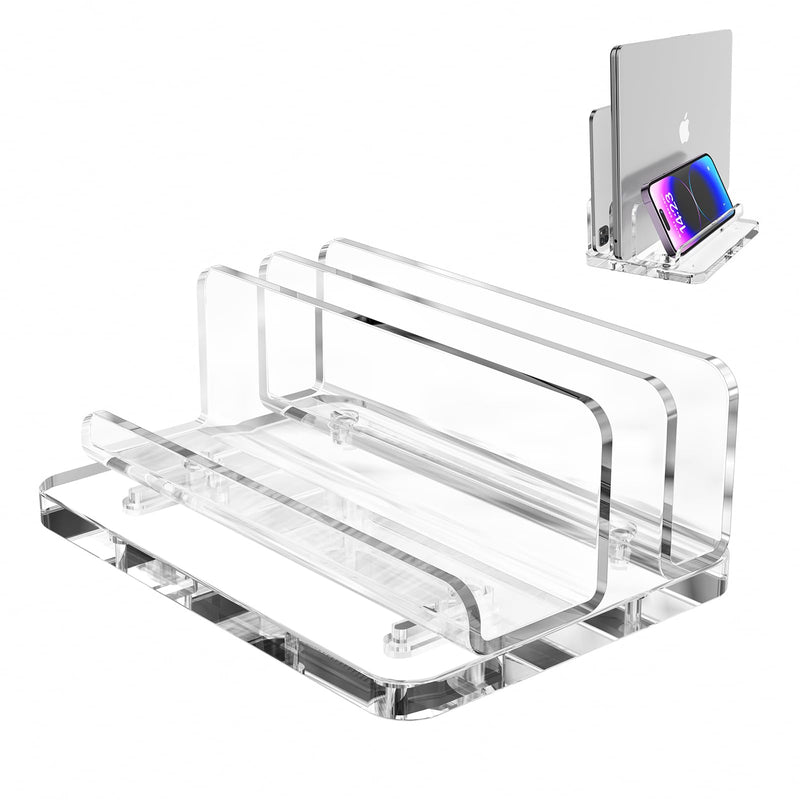 Acrylic Vertical Laptop Stand, 3-in-1 Design with Adjustable Slot Width, Suitable for Desktop Space Saving, Supports MacBook, iPad, iPhone, Chromebook, Surface, Samsung, etc Transparent (laptop stand)