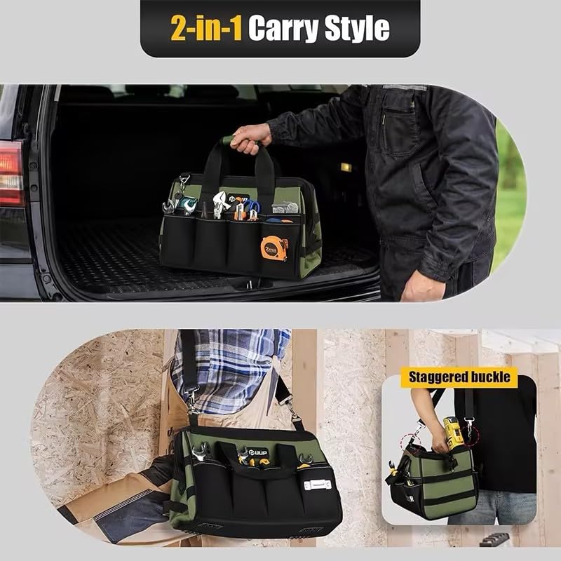 16 Inch-Wide Mouth Tool Bag, Waterproof Tool Organizer Bag, Heavy Duty Tool Bag for Tool Storage, Carrier and Organizer, Adjustable Shoulder Strap, Inside Pockets (Olive Green) Olive Green 16 IN