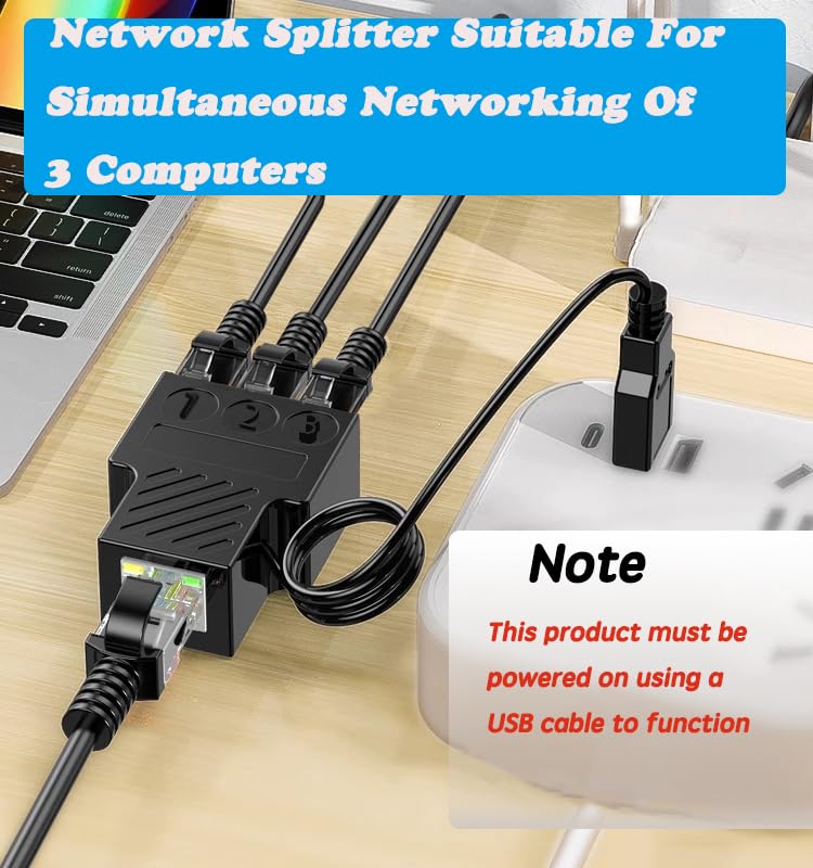 RJ45 Network Splitter Adapter, USB to RJ45 Network 1 to 3 Dual Port Ethernet Socket Connector 8P8C Extender Plug LAN Interface for Cat5e,Cat6,Cat7,Cat8 (1 to 3)
