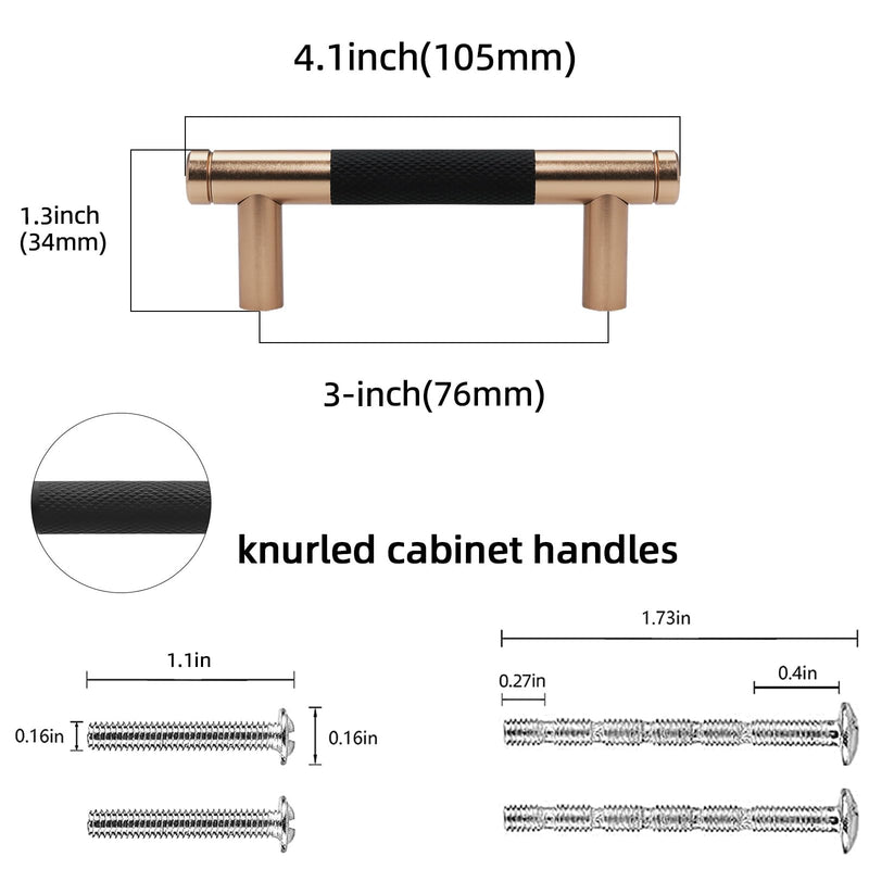 10 Pack 3 inch(76mm) Black and Champagne Copper Kitchen Cabinet Handles Knurled Cabinet Pulls Black Drawer Pulls Kitchen Cabinet Hardware Kitchen Handles Drawer Pulls 3'' Hole Center(76mm) 10
