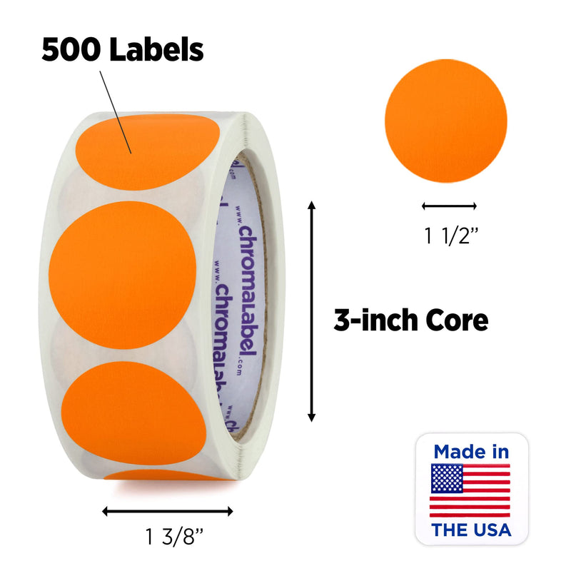 ChromaLabel 1.50 Inch Round Label Removable Color Code Dot Stickers, Inventory Label, 500 Labels per Roll, Orange
