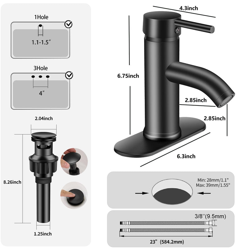 Matte Black Bathroom Faucets Single Hole Bathroom Sink Faucet | Modern Single Handle Bathroom Faucte 1 or 3 Hole, RV Sink Vanity Faucet (with Drain, Black)