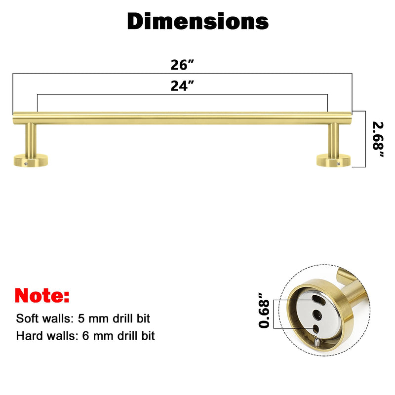 NearMoon Bath Towel Bar, Thicken Stainless Steel Shower Towel Rack Holder Wall Mounted for Bathroom, 26-lnch Overall Length-24-lnch Usable Hanging Space (1 Pack, Brushed Gold) 26 Inch 1