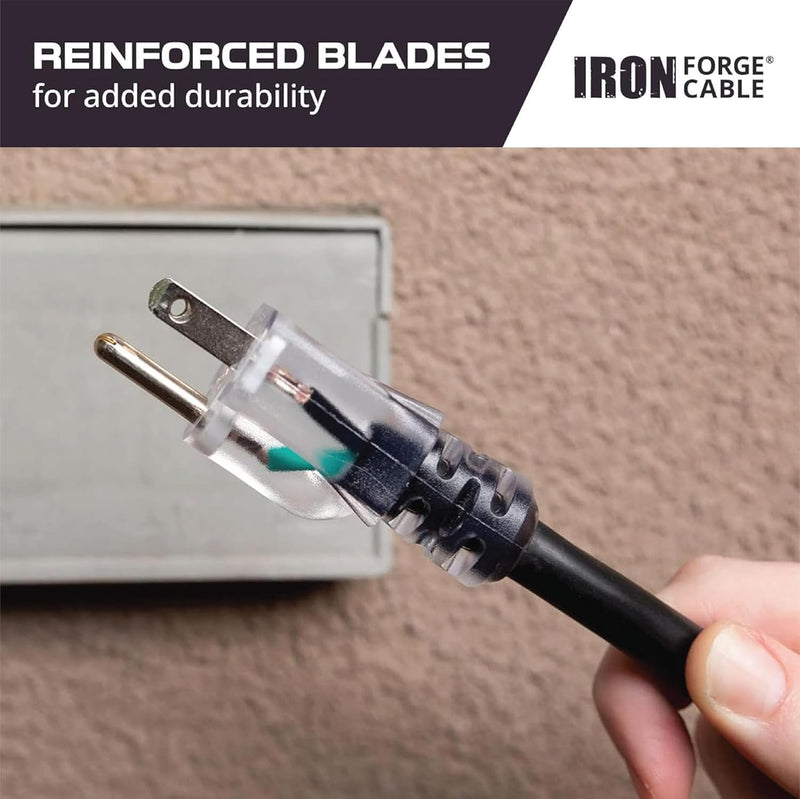 Iron Forge Cable Lighted Heavy Duty Extension Cord 6 ft - 10 Gauge Outdoor Extension Cord 15 AMP, 10/3 Black Power Cable SJTW Weatherproof with 3 Prong 6 Foot