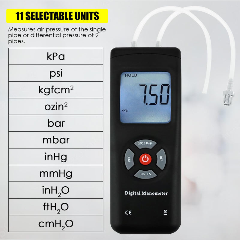 Portable Digital Manometer HVAC Air Vacuum Gas Differential Pressure Gauge Air Pressure Gauge Meter Tester 11 Units with Backlight