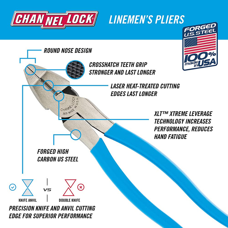 Channellock 369 9-1/2-Inch High Leverage Linesman Plier 9.5-Inch Linesman
