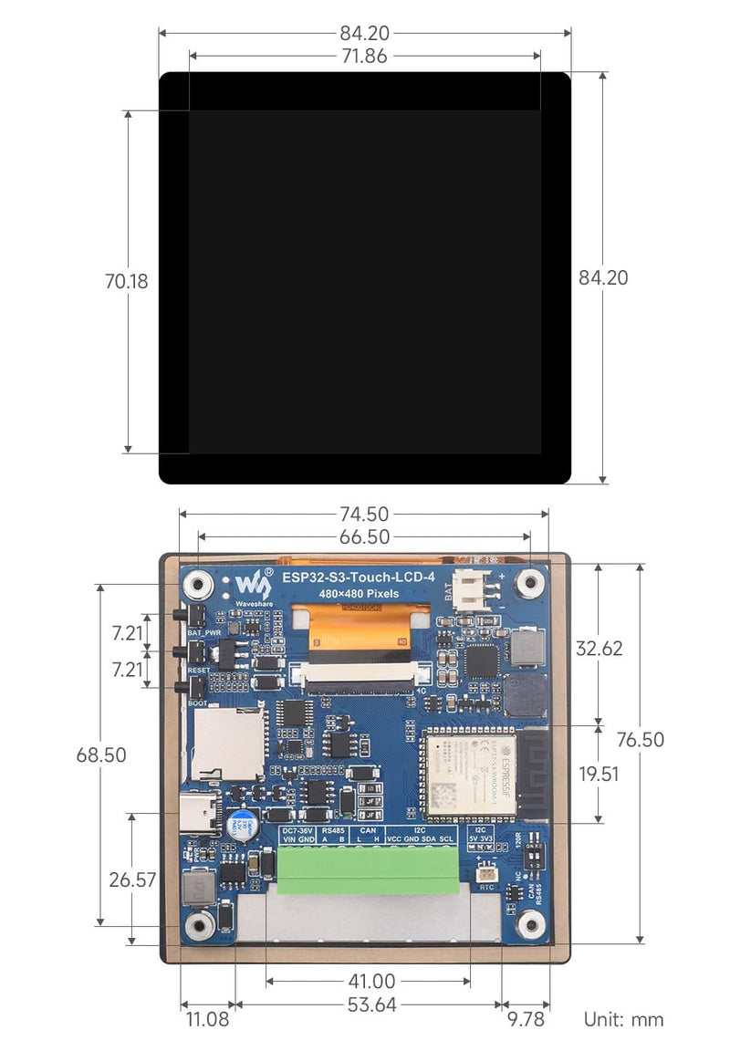 Waveshare ESP32-S3 4inchCapacitive Touch Display, V2 Update Version, 480x480, 5-Point Touch, 32-Bit LX7 Dual-Core, 240MHz, WiFi & Bluetooth, Onboard Antenna