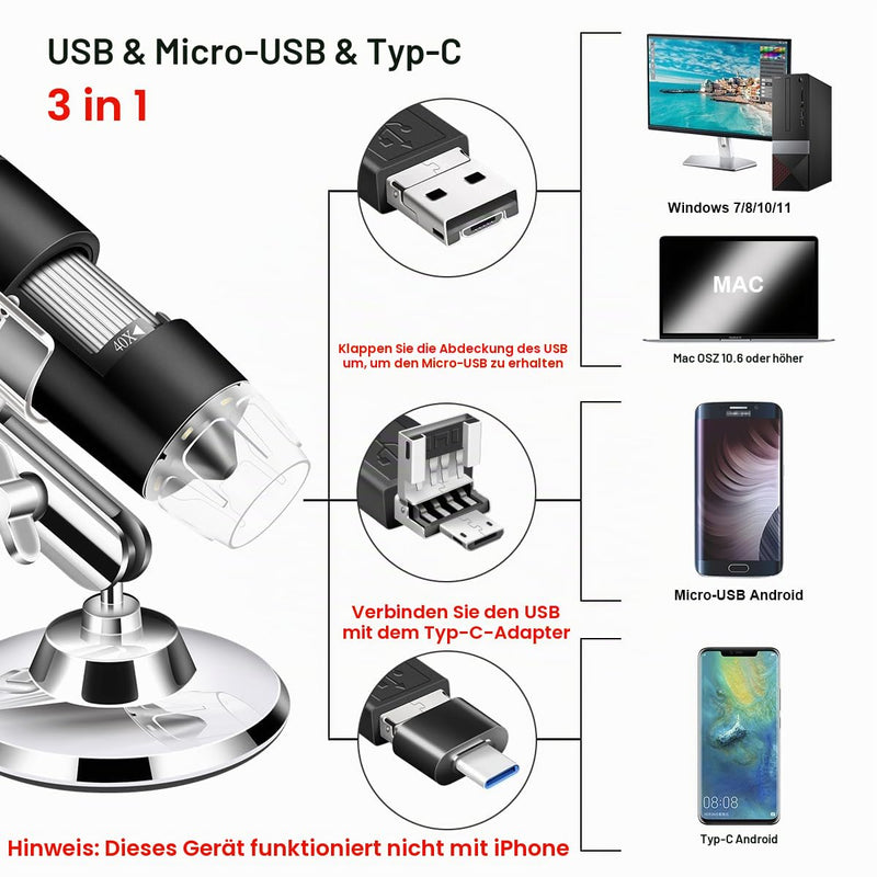 USB Microscope Camera, 40x to 1000x, Digital Microscope with Metal Stand and Carry Case, Compatible with Android Windows 7, 8, 10, 11, Linux, Mac, Portable Microscope Camera black