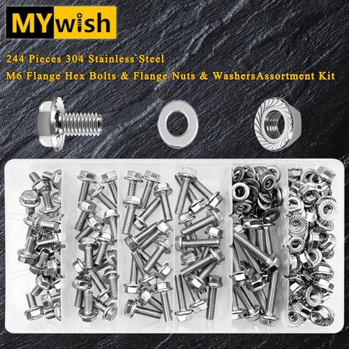 Mywish 10Sets M6 x 30mm Flat Head Hex Socket Cap Screws Bolts and Barrel Nuts Kit & 224Pcs M6 Bolt x 12/16/20/25/30mm, M6x1.0 Bolt, Flanged Hex Head Bolts with Flange Nuts Washers, 304 Stainless Steel