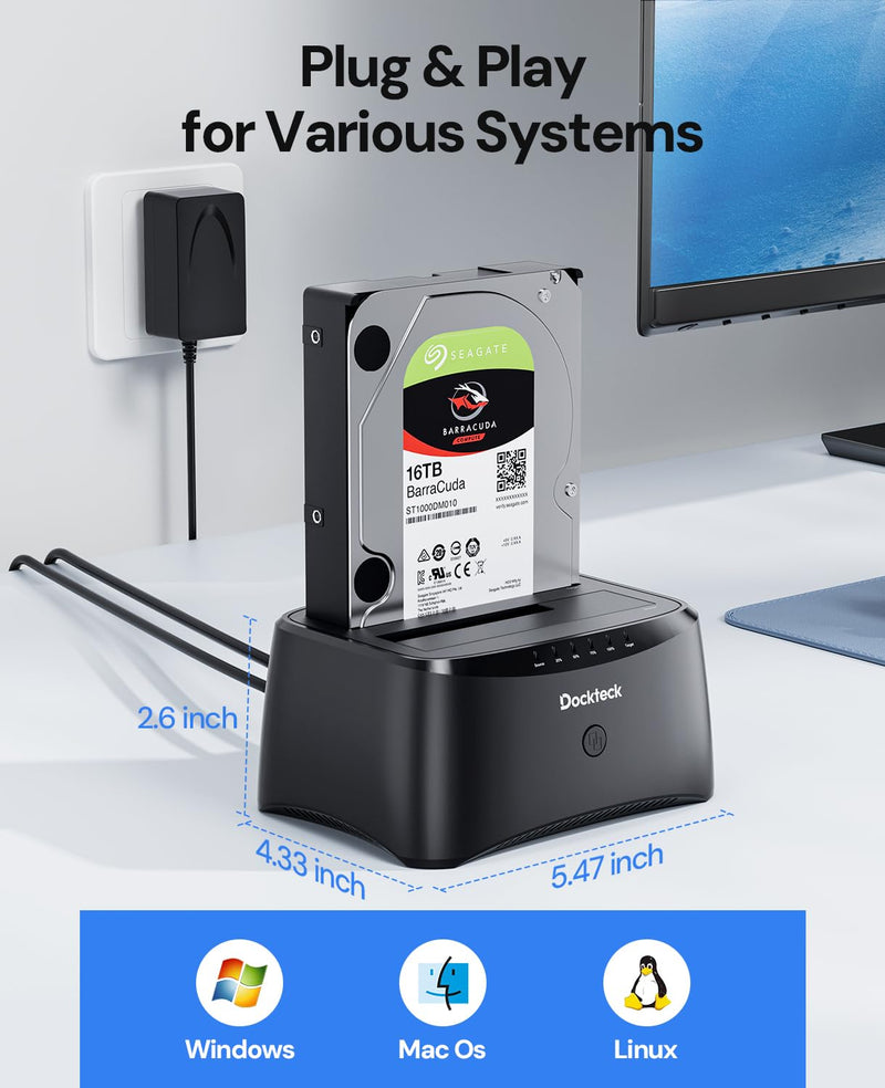 Hard Drive Docking Station, dockteck USB 3.0 to SATA Dual Bay External Hard Drive Enclosure for 3.5 or 2.5 inch SATA HDD SSD with Offline Clone