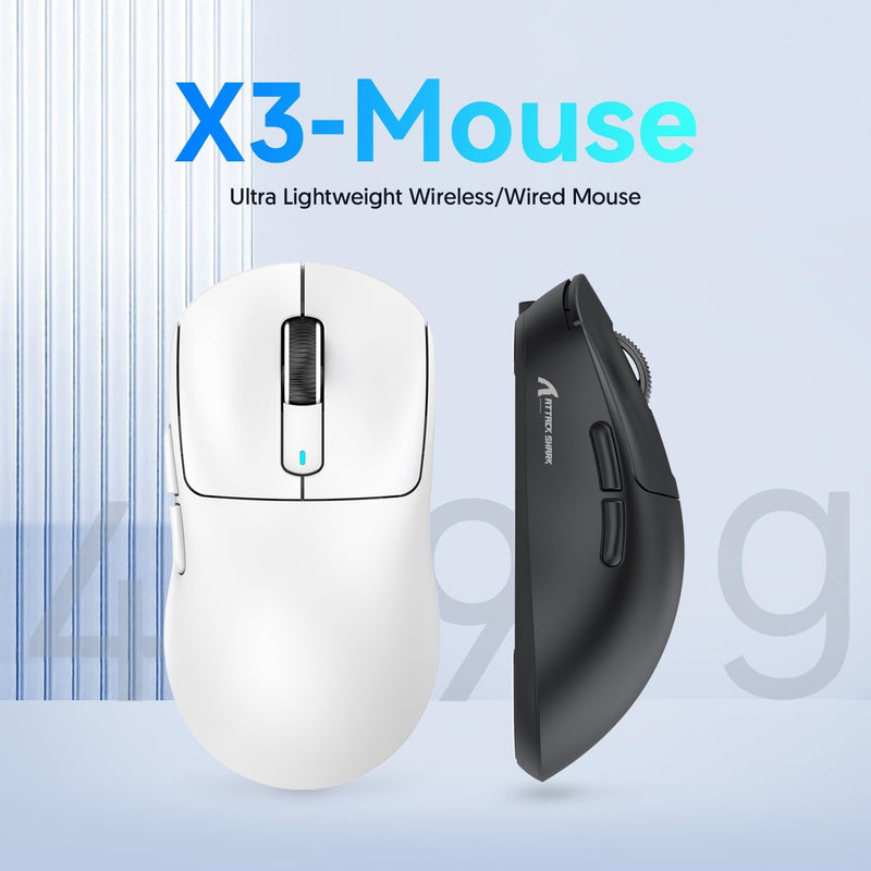 x Attack Shark X3 Wireless Gaming Mouse, 49g Ultralight, PixArt PAW3395 26000 DPI, Bluetooth/2.4Ghz /Wired Tri-Mode, 200Hrs Rechargeable Battery, Kailh GM8.0 Switch for PC/MAC/Win - White