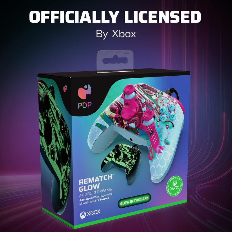 PDP Gaming REMATCH GLOW Enhanced Wired Controller Licensed for Xbox Series X|S/Xbox One/PC/Windows, Mappable Back Buttons, Advanced Customizable App - Android Dreams (Glow in the Dark) Android Dreams (Glow in the Dark)