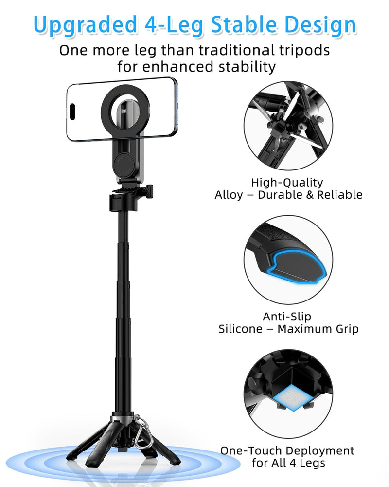 CloudValley Magnetic 4-in-1 Multifunctional Selfie Stick Tripod, Mini Portable Pocket Phone Stand with Detachable Remote, Compatible with MagSafe, for iPhone/Android, Travel Vlog, Live Stream, Black