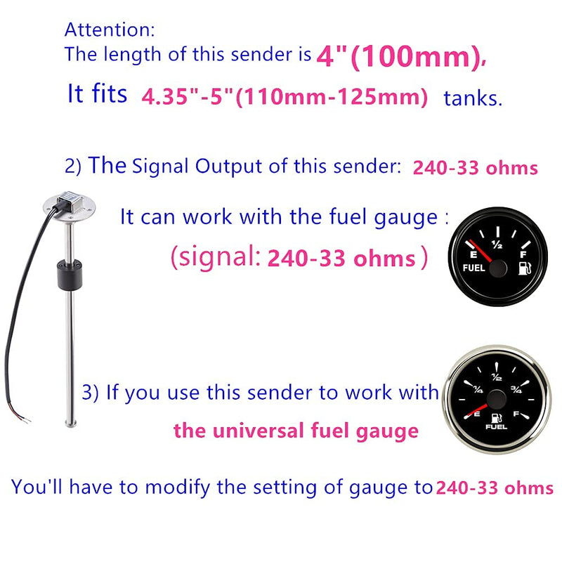 Fuel Sending Unit 240-33 ohms 4"(100mm) Marine for Boat RV Truck Fuel Tank Level Sensor Gas Gauge Sender 4" 240-33 ohms Sender