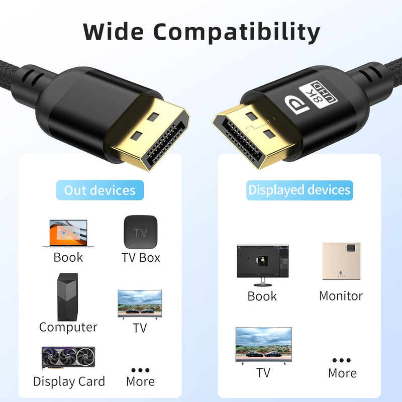 Diyanisly 8K DisplayPort Cable 30FT, DP 1.4 Cable, Support 32.4Gbps 8K@60Hz 4K@120Hz 2K@240Hz, High Refresh Rate Flexible for HDR DSC, FreeSync, G-Sync, Gaming Monitor/Graphics Card PC(Braided, Black) 30 feet