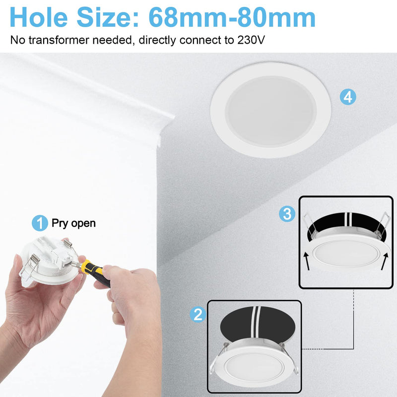 Gr4tec LED recessed spotlight 230V dimmable, 6 x 6W LED spot bathroom IP65, ceiling spots LED warm white 2700K 400LM, recessed lights 35mm ultra flat, ceiling spotlight LED for living room kitchen, hole 68mm-80mm warm white 2700k / white
