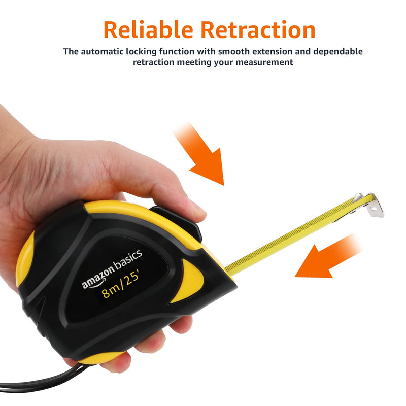 Amazon Basics Self-Locking Tape Measure, 25ft (8-meters), Accurate Dual Scale inch/metric, MID Accuracy, Extendable, 2-Pack, Yellow 7.6 m
