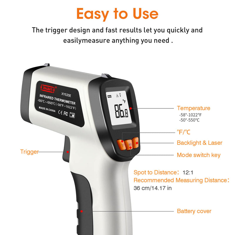Infrared Thermometer (-50°C to 550°C), XinJiaYi Laser Temperature Gun for Pizza Oven, Non-Contact Laser Thermometer Gun for Cooking/BBQ/Grill/HVAC, Surface Thermometer, Grey