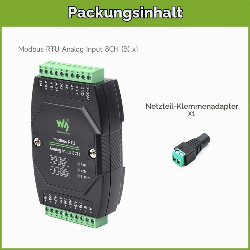 Waveshare Industrial 8-Ch Analog Acquisition Module, 12-Bit High-Precision, Supports Voltage and Current Acquisition, DC 7~36V Wide Voltage Power Supply, 8-ch Voltage Mode, 0~10V