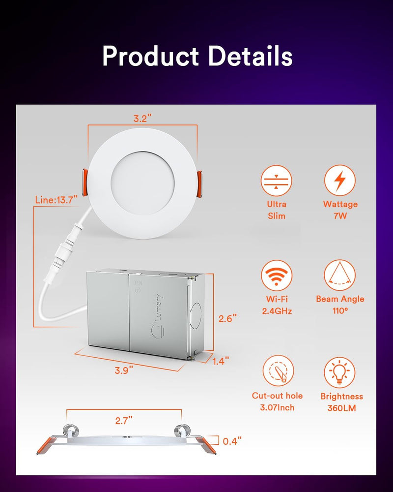 Lumary 3 Inch Smart Recessed Lighting WiFi Bluetooth Smart LED Recessed Lights 7W 350LM LED Wafer Downlight with Junction Box Compatible with Alexa/Google Assistant(1 Pack) 1Pack