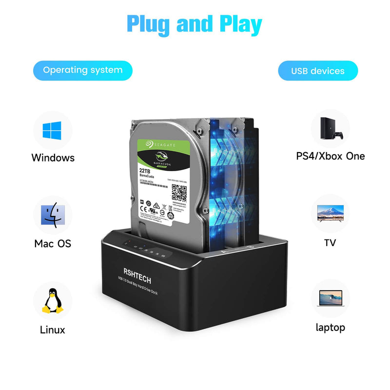 RSHTECH Hard Drive Docking Station Aluminum USB-C/USB 3.0 to SATA Dual Bay Hard Drive Dock for 2.5 or 3.5 inch HDD SSD, with 2-in-1 USB Cable, Support Offline Clone, UASP and 2x22TB, RSH-DS01C