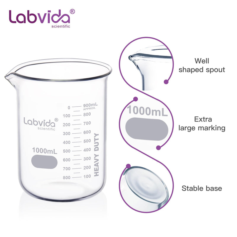 2pcs 1000ml Upgrated Thick Glass Beakers, Griffin Low Form Beaker Set with Double Scale, 3.3 Boro, LVA014 2pcs of Vol.1000ml