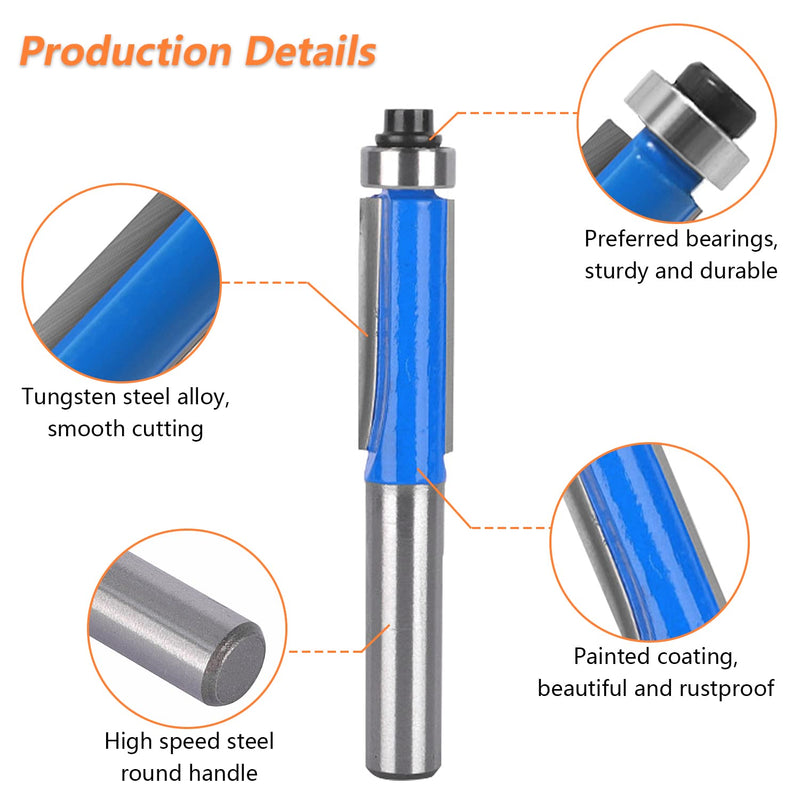 4 pieces flush cutter 8 mm shank, flush cutter cutter set, double-sided cutter with bearings, blue flush cutter, for woodworking tools for cutting, trimming (4) 4