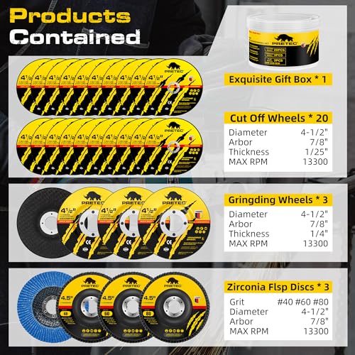 26 Packs Angle Grinder Cutting Flap Grinding Disc Wheel 4 1/2in Inches - 20 Packs 4.5"x1/4"x7/8" Cut off Wheels,3 Packs 4.5"x7/8" 60 Grit Flap Discs, 3 Packs 4.5"x1/25"x7/8" Grinding Wheels 4 1/2 INCH 26