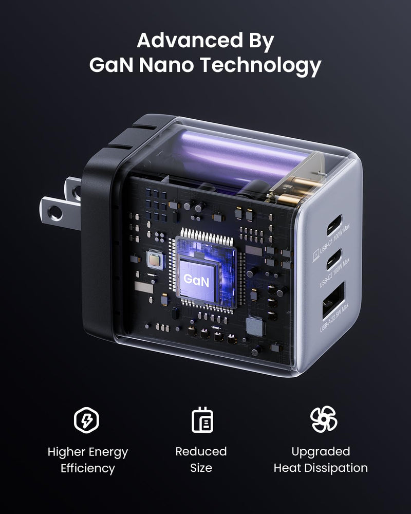 USB C Charger Block, 100W Fast GaN Charger, 3-Port Compact Foldable USB Wall Charger for MacBook Pro/Air, Dell XPS,iPad Pro,iPhone Series,Galaxy S24/S23, Note 20/10+