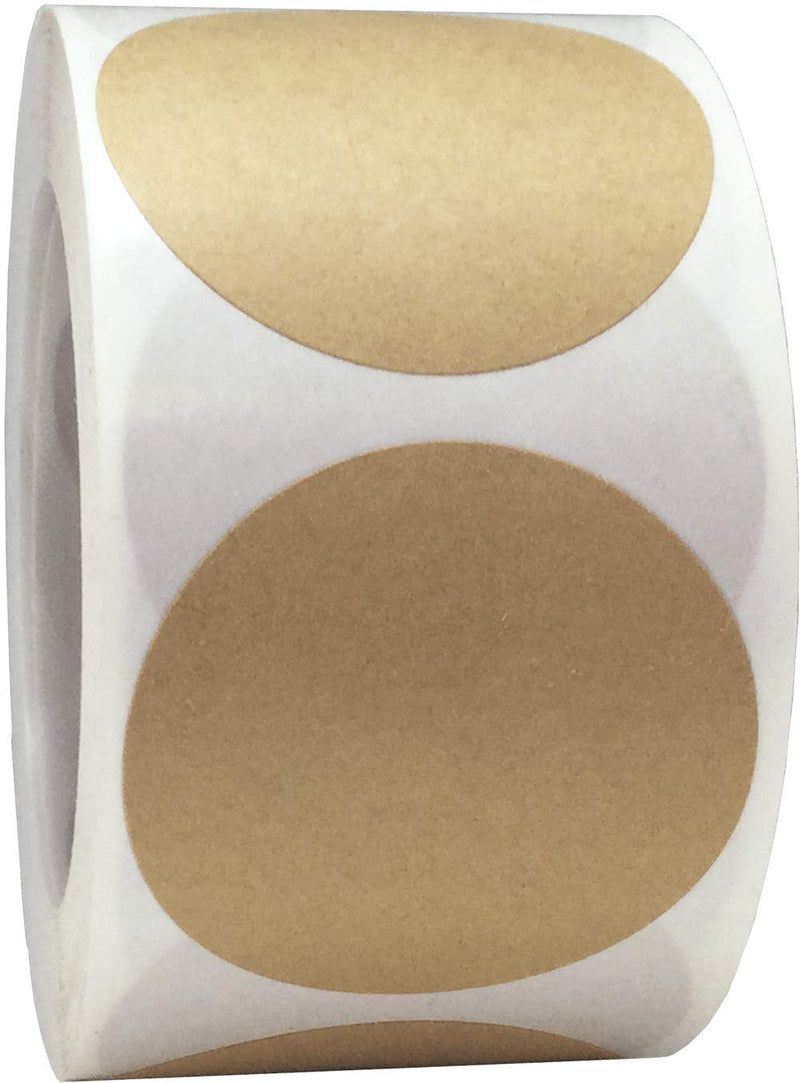 Brown Natural Kraft Color Coding Labels – 2.5 Inch Round Circle Dots, 500 Total Adhesive Round Stickers on a Roll for Inventory, Organization, Retail, and Warehouse – Made in the USA