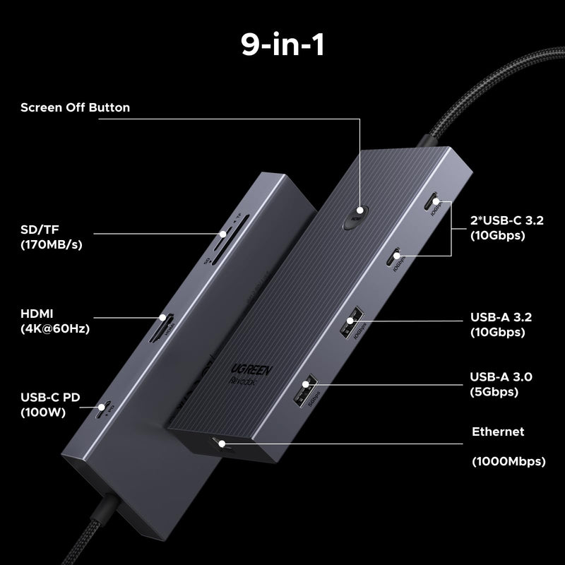 UGREEN Revodok Pro 9 in 1 USB C Hub Gigabit Ethernet Adapter 4K@60Hz HDMI, 100W PD Charging, USB A Data Ports, SD/TF Card Reader Compatible with Mac M1, M2, M3,M4, Steam Deck