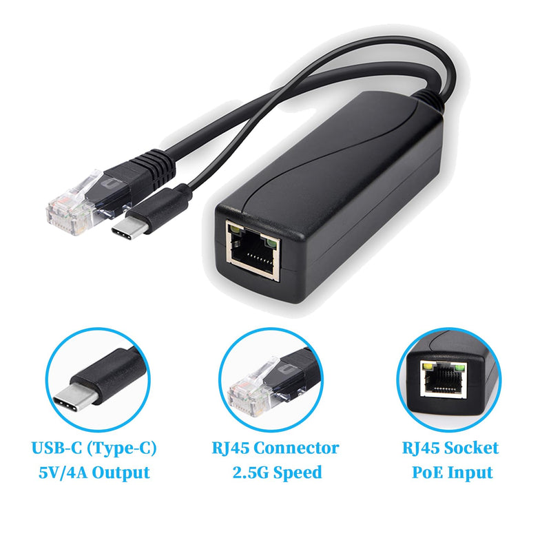2.5G Type C PoE Splitter 5V/4A, 48V PoE to USB-C 5V/4A 20W Output, 2.5Gbps Ethernet Comply IEEE802.3af/at, Plug and Play for Smart Home/Pi 4B/4B+ (TYPEC0504G) TYPEC0504G-X TYPE-C 5V/4A