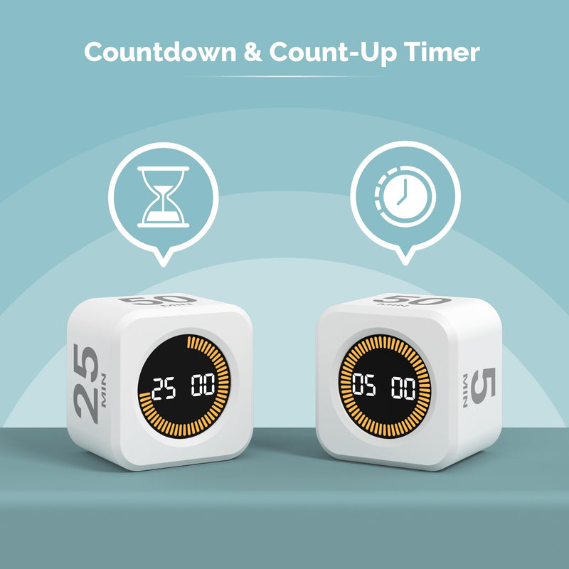 KADAMS Pomodoro Cube Timer Productivity Visual Timer - 5/10/25/50 Min Rotating Countdown, Customize Countup Silent Mode- for Work Study Cook Workout Kitchen Back to School Classroom (White, 2 Pack) White + White